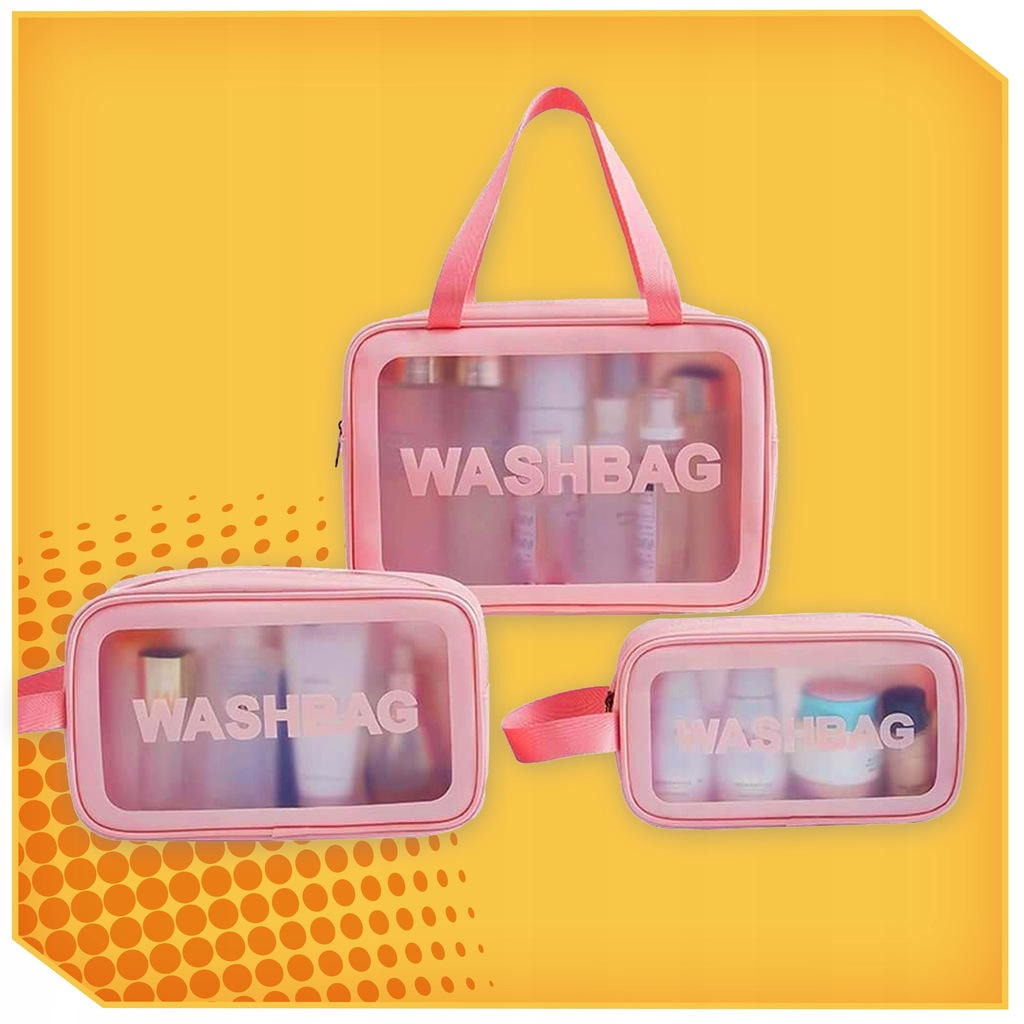 ZESTAW 3x KOSMETYCZKA PODRÓŻNA PRZEŹROCZYSTA WASHBAG DAMSKA RÓŻOWA Marka Lewer